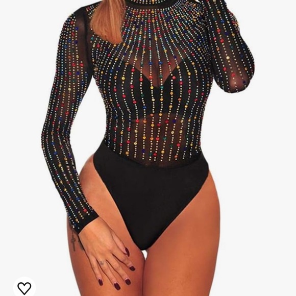 Tops - Colorful rhinestone mesh mockneck bodysuit